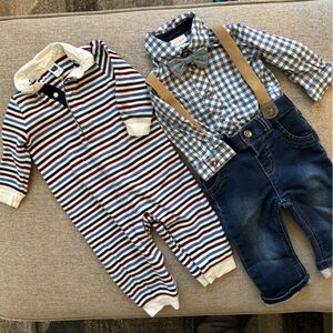 Striped Baby Romper and Plaid Shirt with Jeans Set